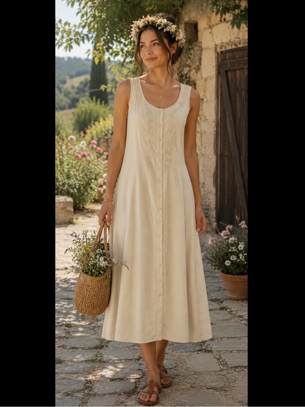 Magic Cream Sleeveless Button-Front Maxi Dress